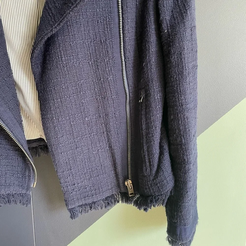 J Crew navy tweed moto-style jacket with 3/4 sleeves and frayed edges, Size 2P